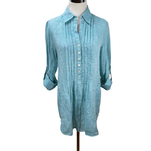 Lafayette 148 Linen Henley Oversized Long Teal White Top Tunic Button Down - Picture 3 of 12